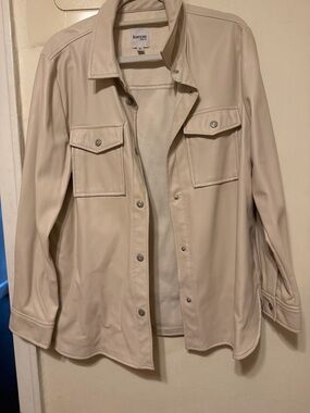 kensie Cream Faux Leather Button-Front Shirt Jacket